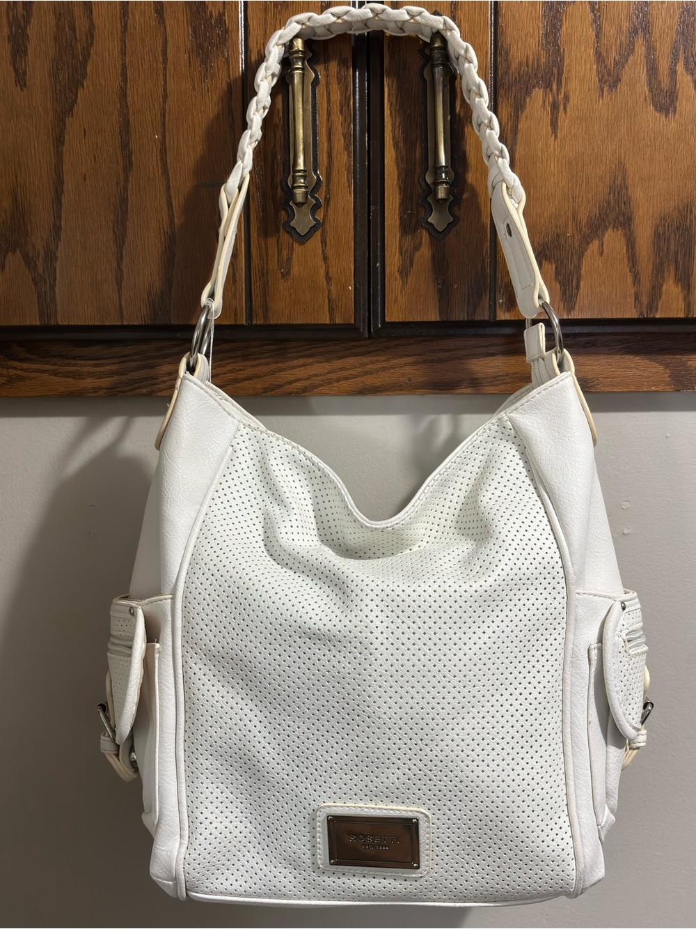 Rosetti White Perforated Shoulder Bag with Braided Handle